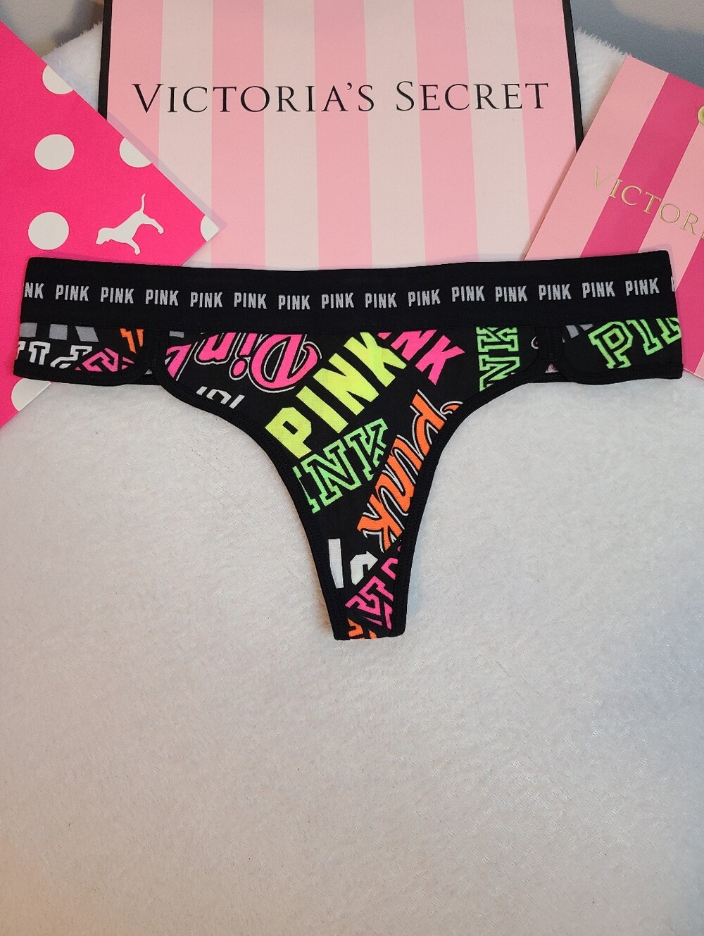 Rare Retired VS PINK Retro Neon Logo Band Cotton Extra Low Rise Thong Size M